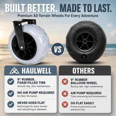 HAULWELL close-up of 9-inch foam-filled tire highlighting smooth sand performance