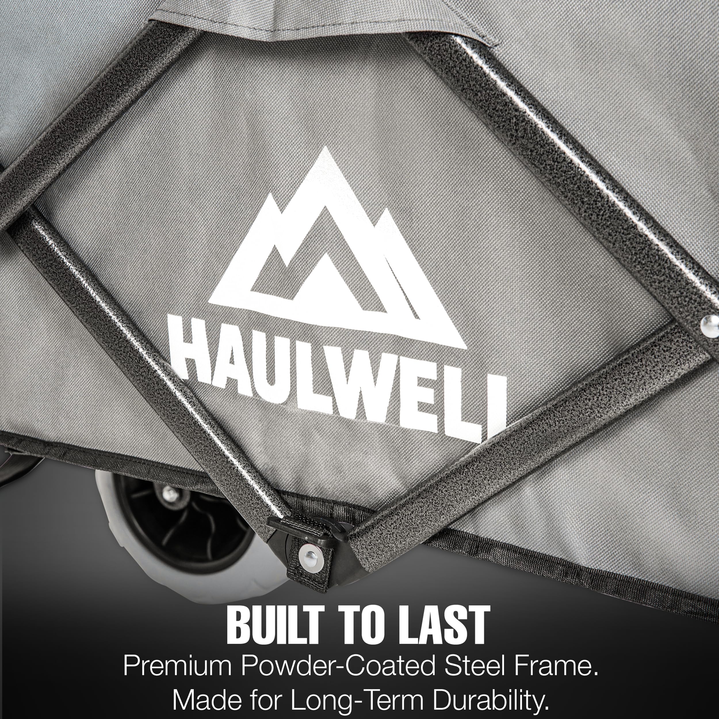 HAULWELL folded next to a chair showing compact 32x12x17 inch storage benefit
