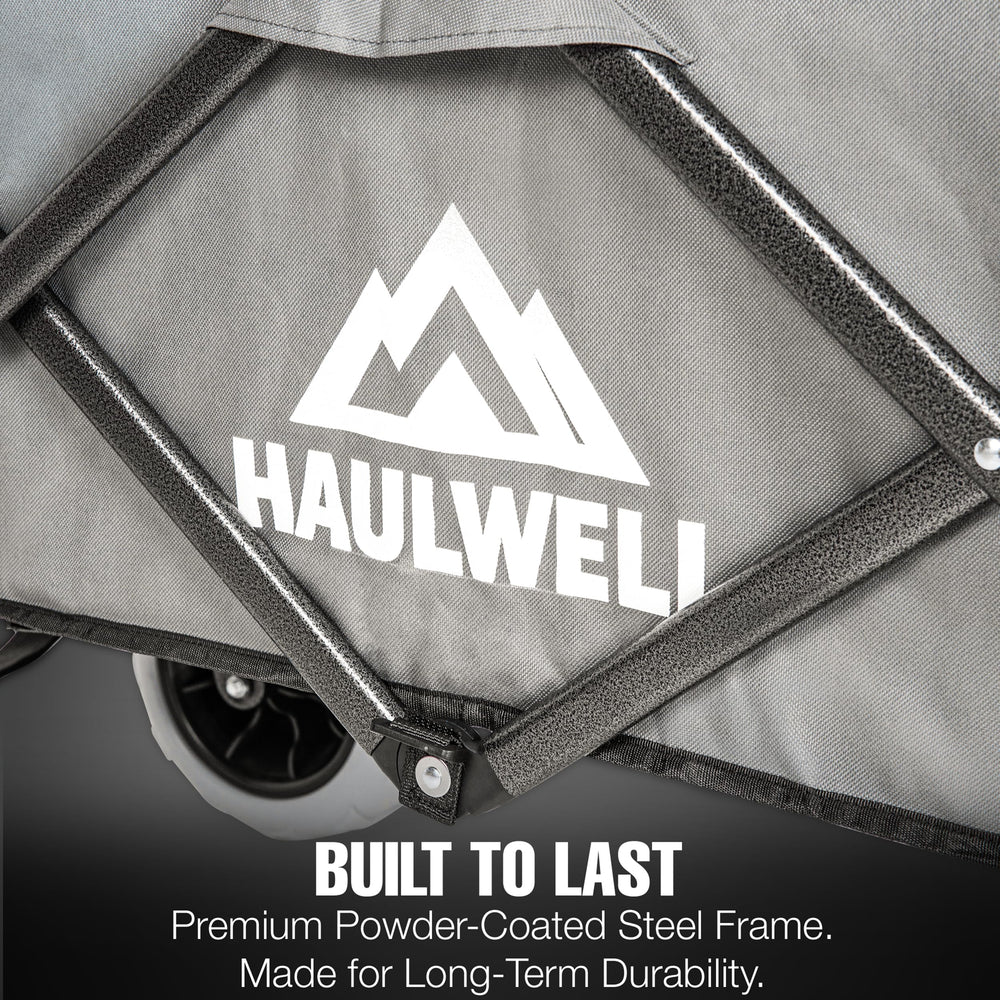 HAULWELL folded next to a chair showing compact 32x12x17 inch storage benefit