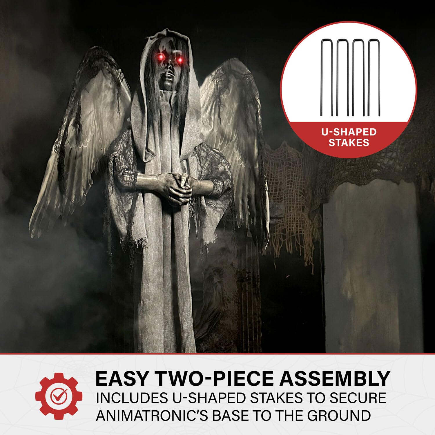Haunted Hill Farm angel packaged with included stand showing easy setup and transport