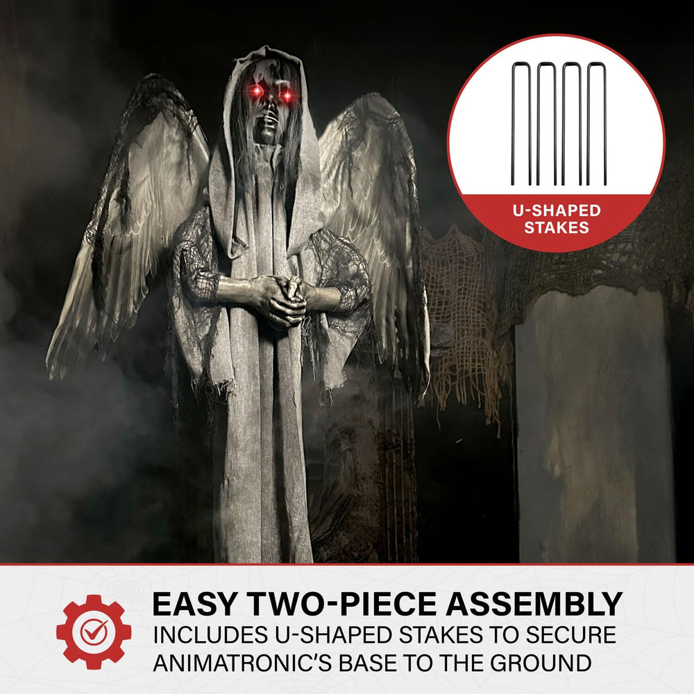 Haunted Hill Farm angel packaged with included stand showing easy setup and transport
