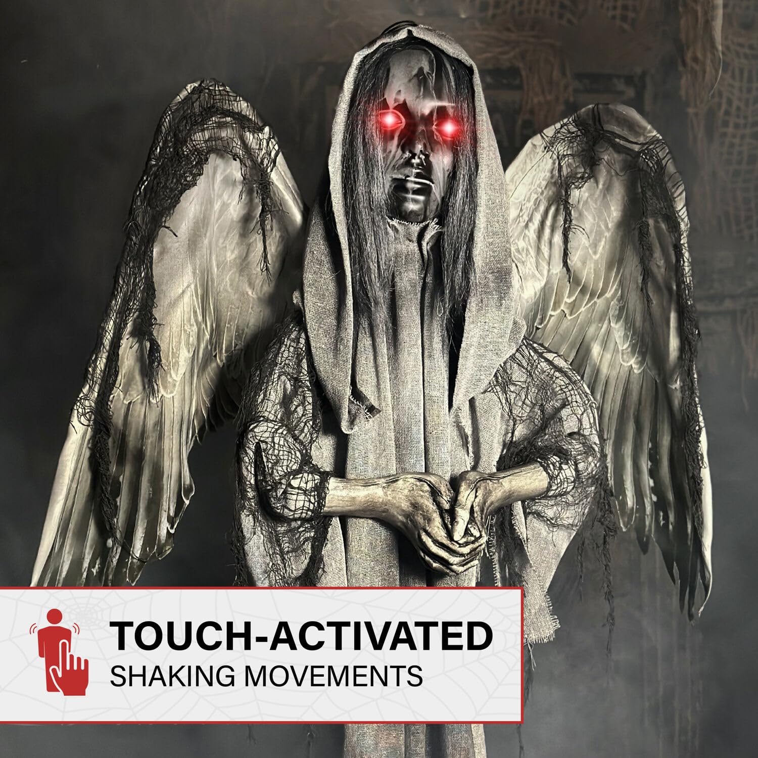 Haunted Hill Farm angel standing on porch demonstrating touch-activated placement benefit