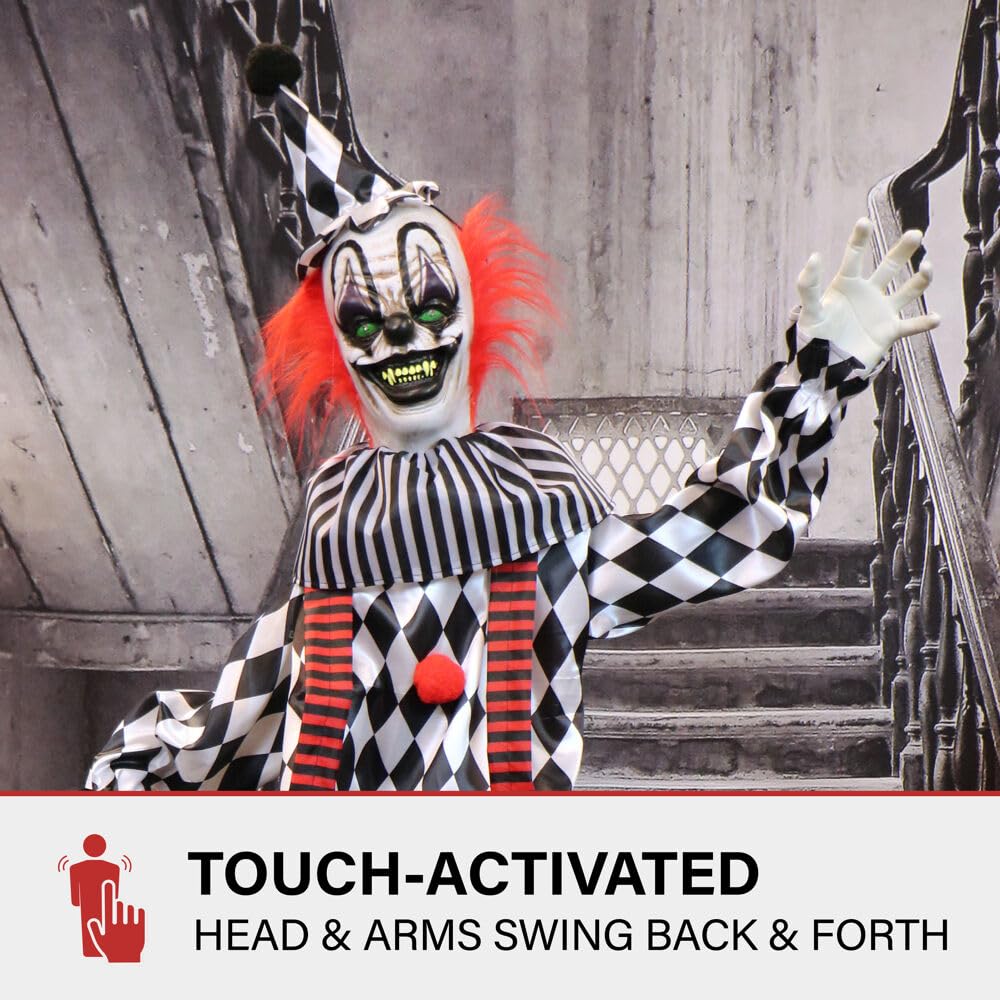 Haunted Hill Farm clown on assembled stand for stable, easy setup