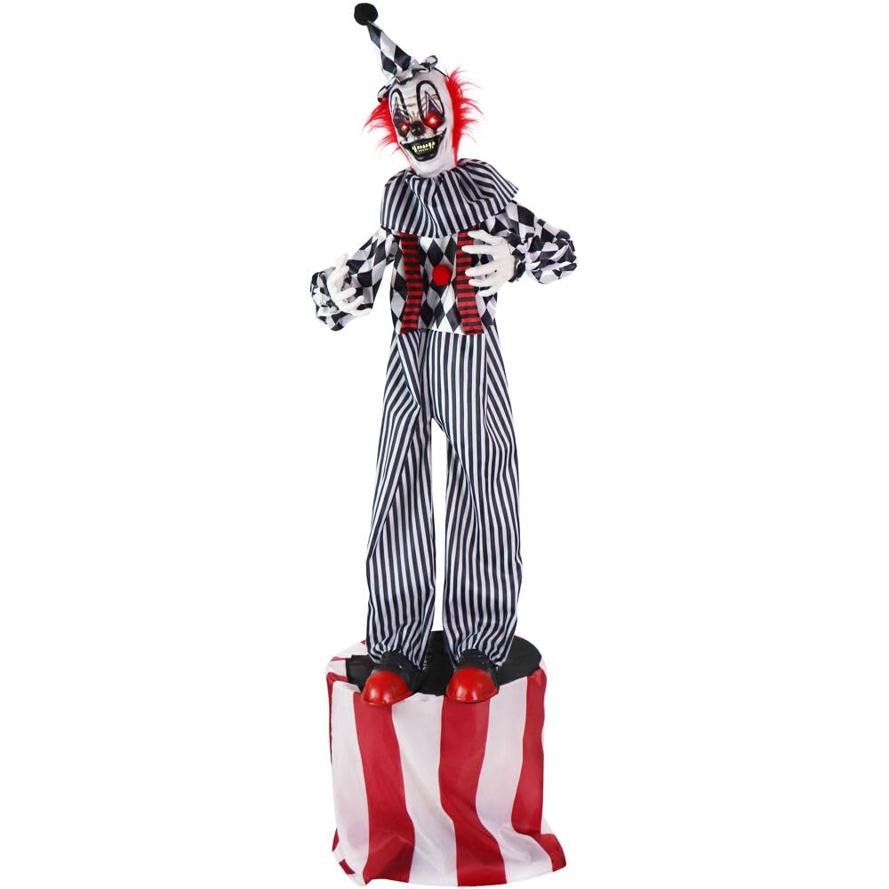 Haunted Hill Farm clown front on stage creating dramatic porch focal point