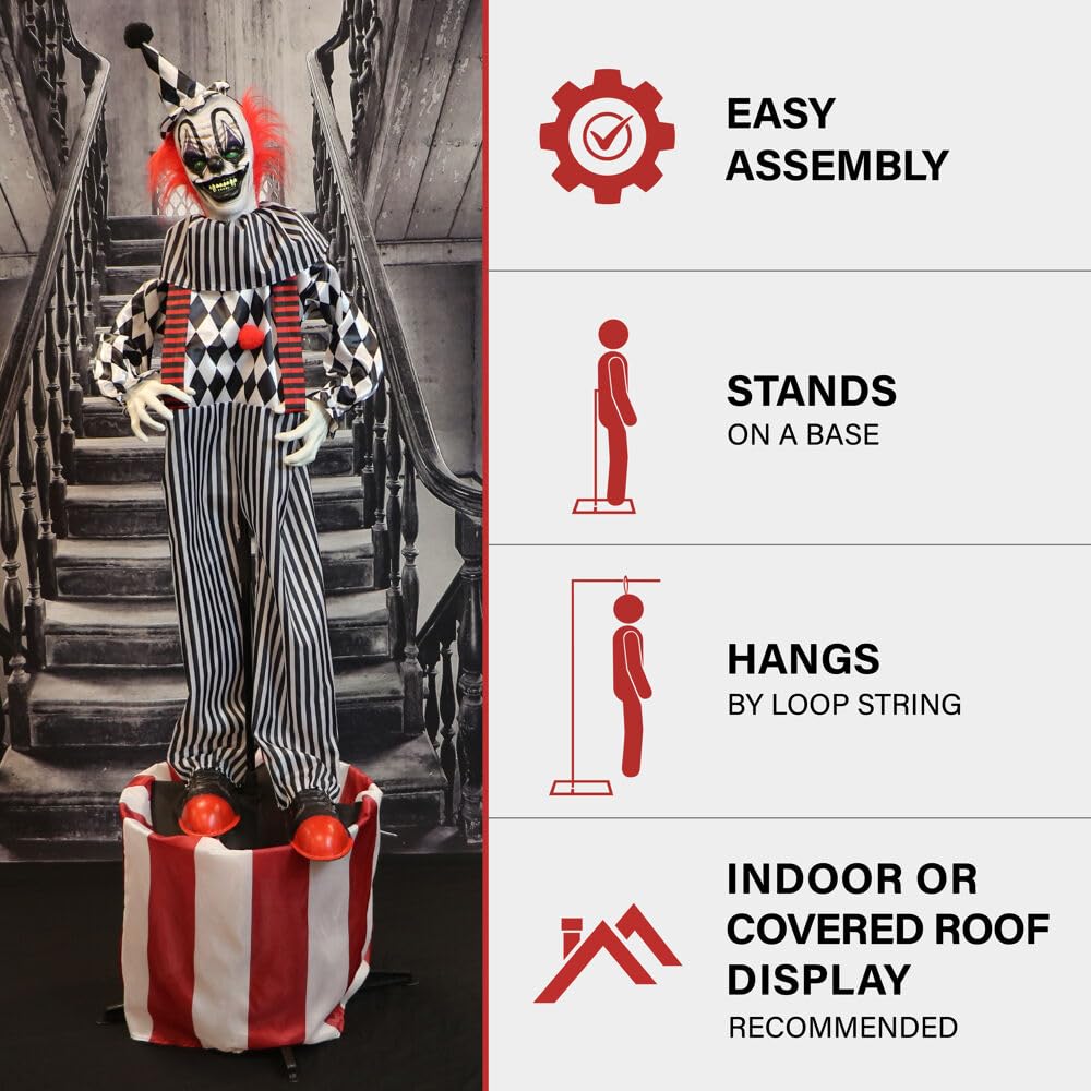 Haunted Hill Farm clown displayed on porch to enhance Halloween ambience