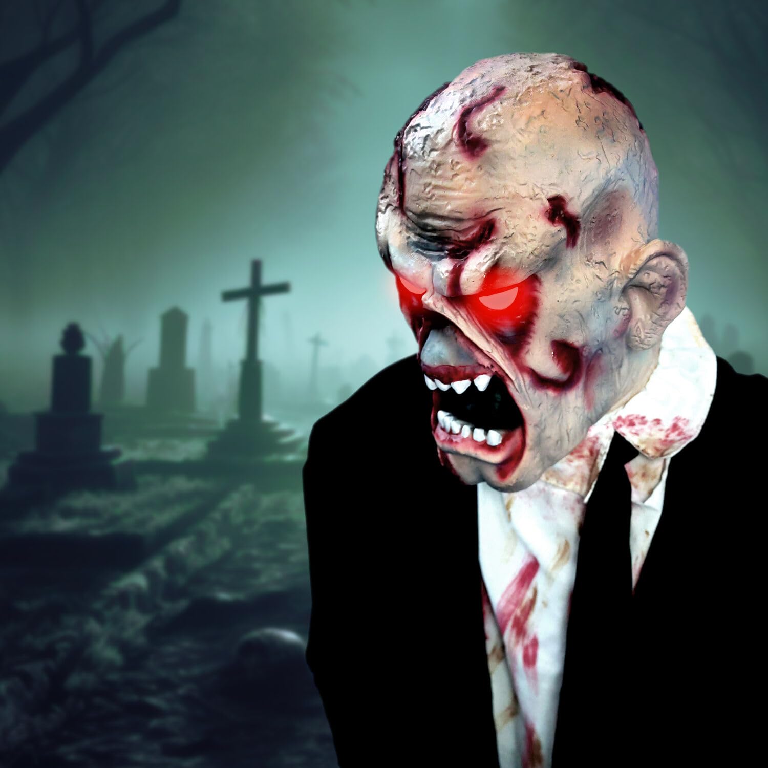 Haunted Hill Farm Damien glowing red LED eyes creating a sinister stare