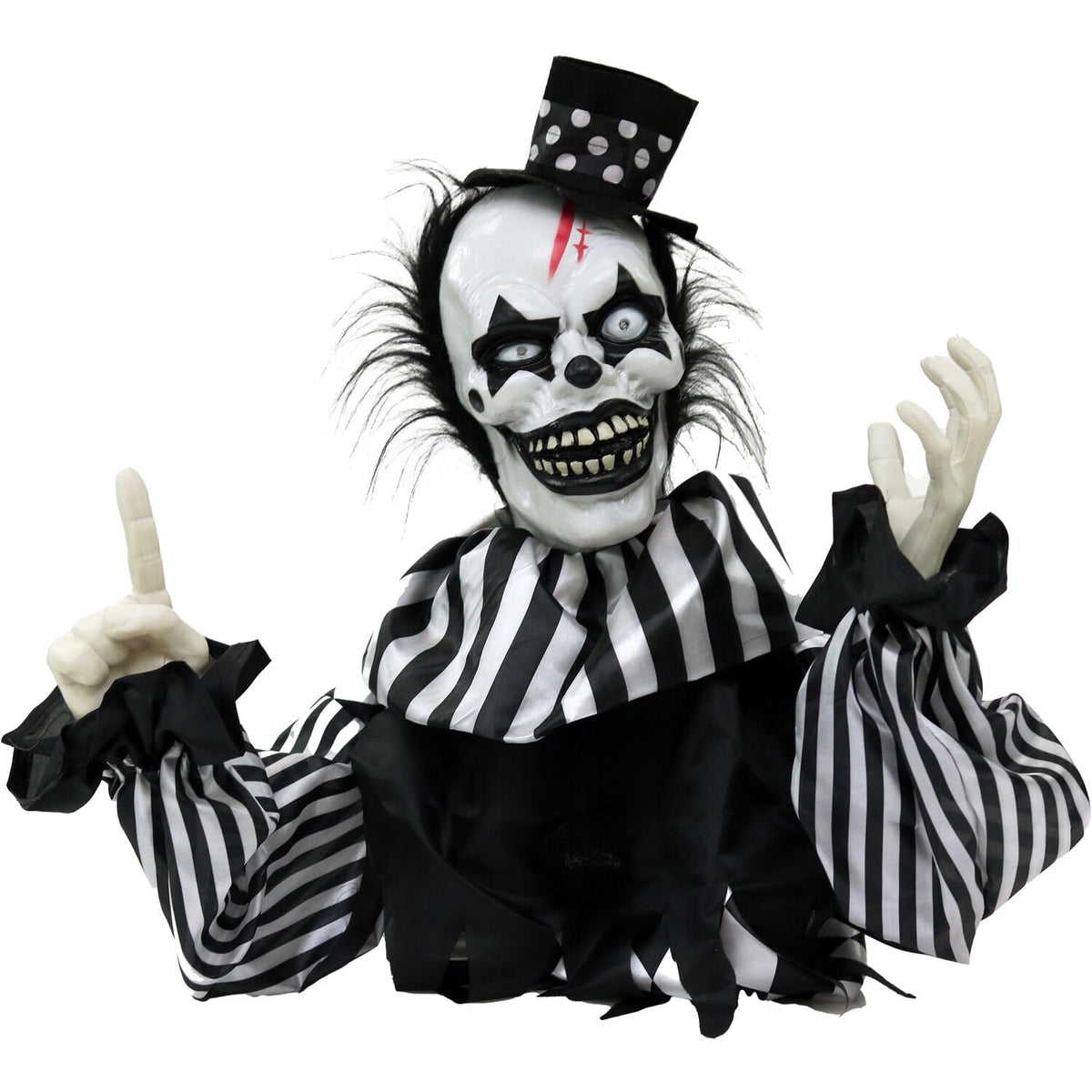 Haunted Hill Farm clown front view showing poseable figure and menacing posture