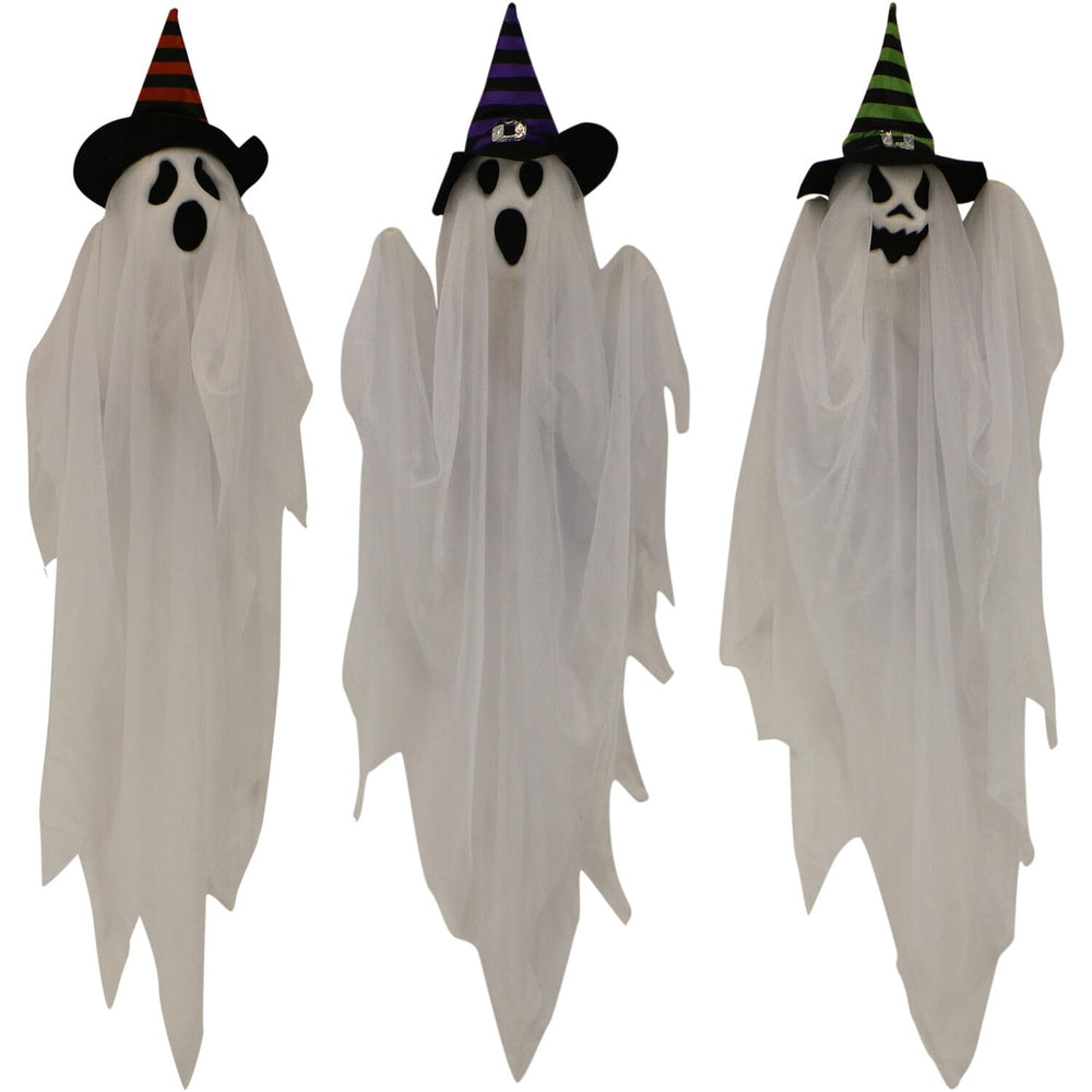 Haunted Hill Farm front view of three hanging ghosts creating instant Halloween ambiance