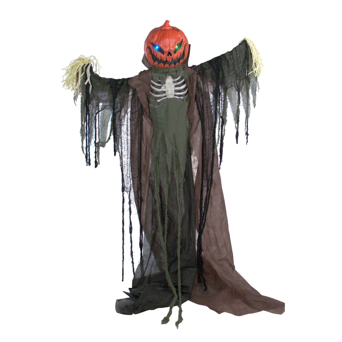 Haunted Hill Farm front view of full 6.6-ft pumpkin scarecrow creates dramatic entrance