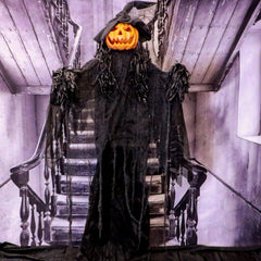 Haunted Hill Farm Gourdy close-up of pumpkin head showing multicolor light effect