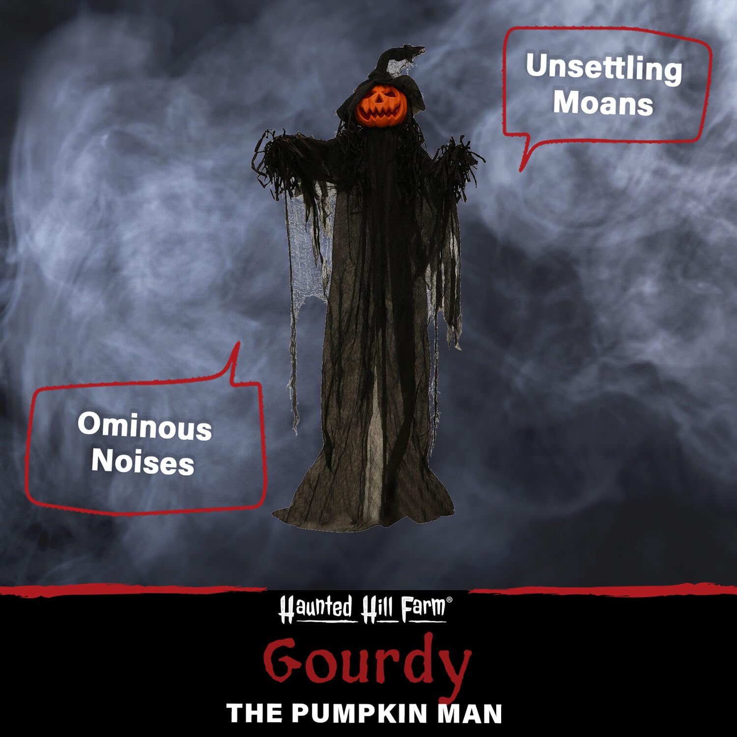Haunted Hill Farm Gourdy glowing at night creating dramatic Halloween atmosphere