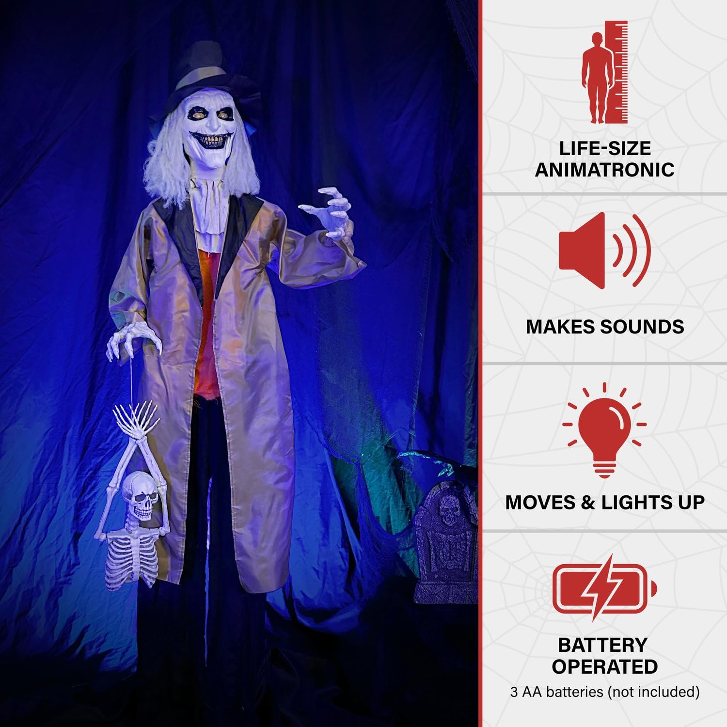 Haunted Hill Farm Jebediah staged on a covered porch to boost spooky ambiance