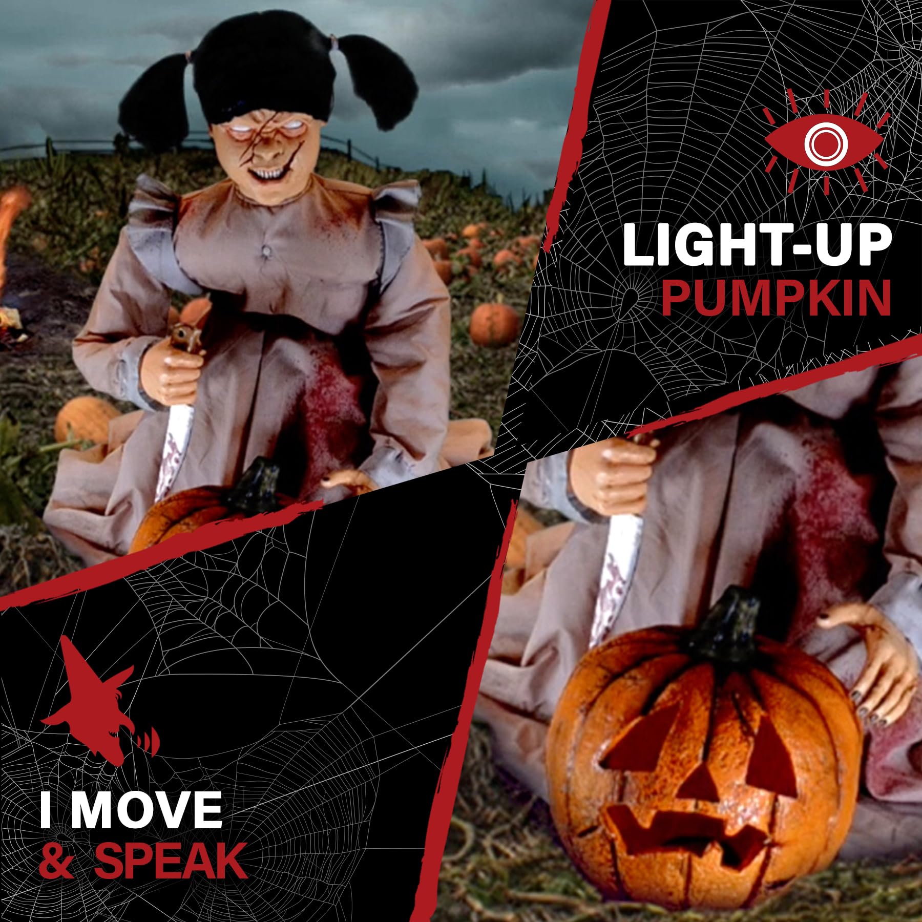 Haunted Hill Farm glowing pumpkin image displays orange illumination to enhance mood