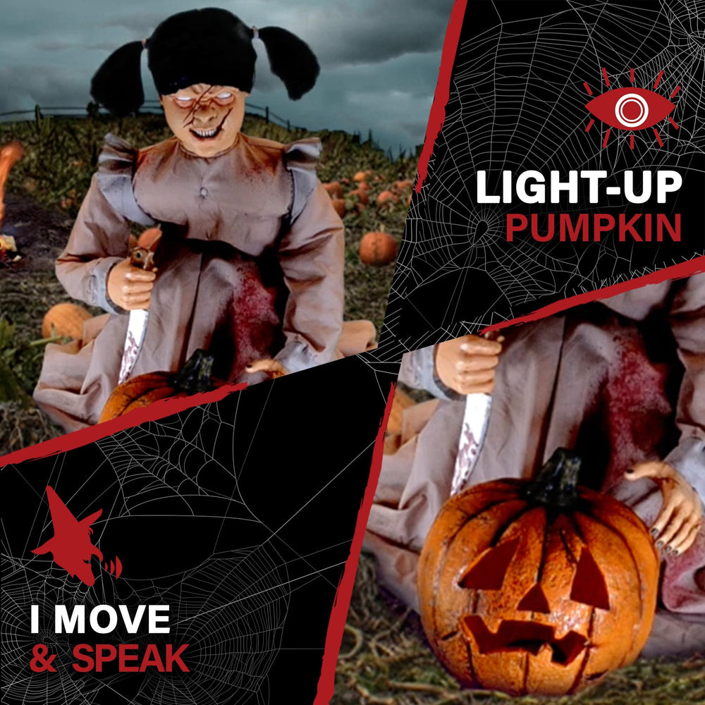 Haunted Hill Farm glowing pumpkin image displays orange illumination to enhance mood