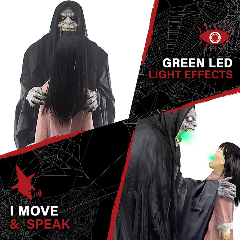 Haunted Hill Farm green LED lighting illuminating features for eerie nighttime effect