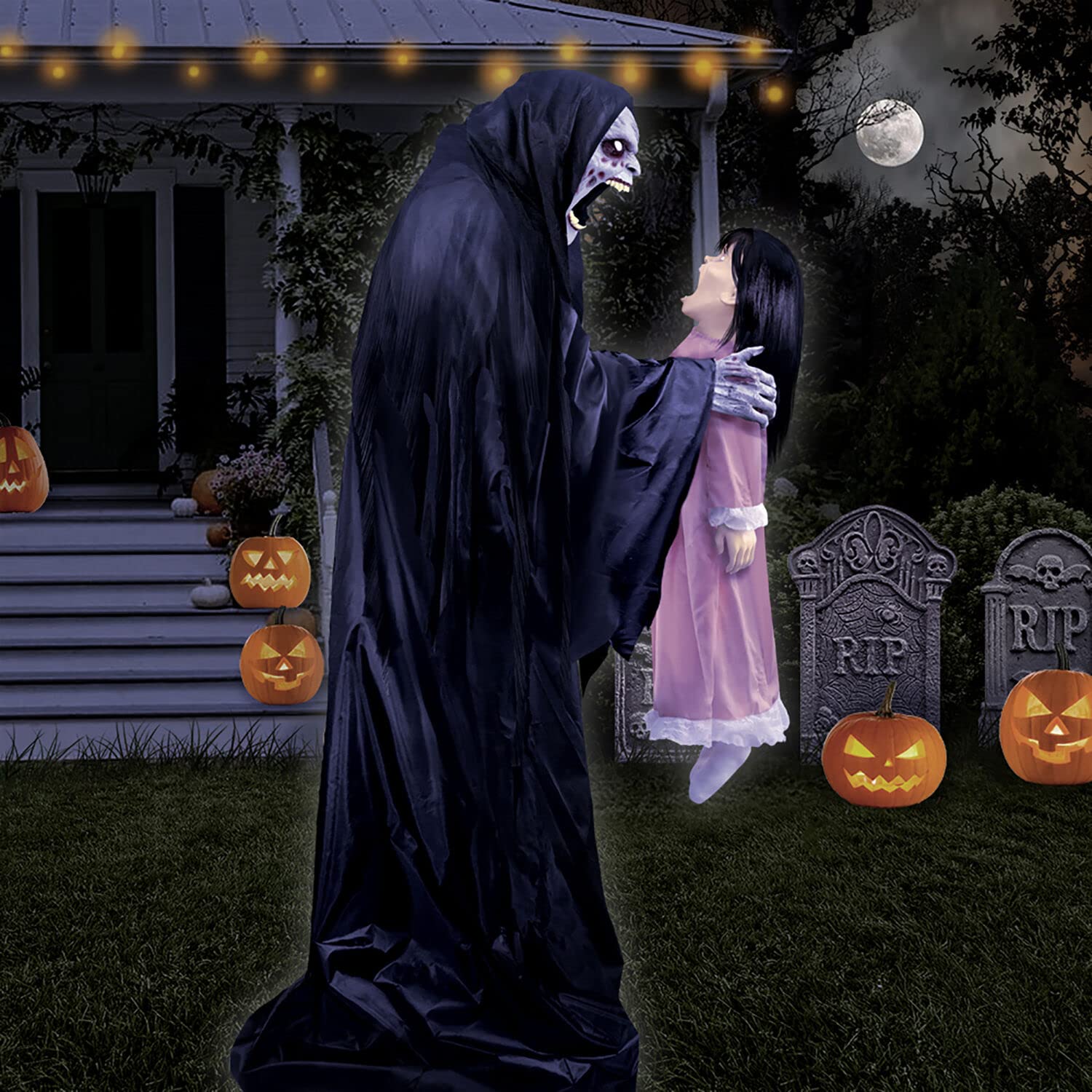 Haunted Hill Farm porch display setup illustrating sheltered outdoor use and atmosphere