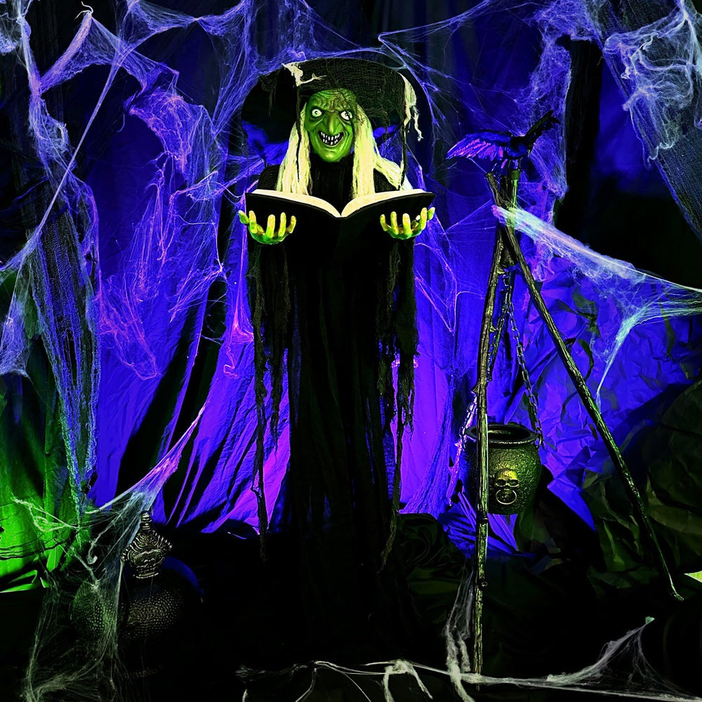Haunted Hill Farm witch eye detail with green flashing LEDs creating dramatic presence