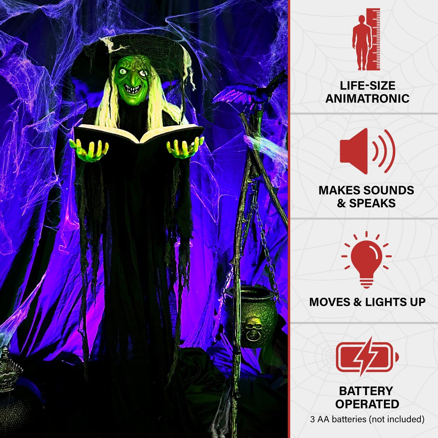 Haunted Hill Farm witch full side profile showing tattered cloak and poseable stance