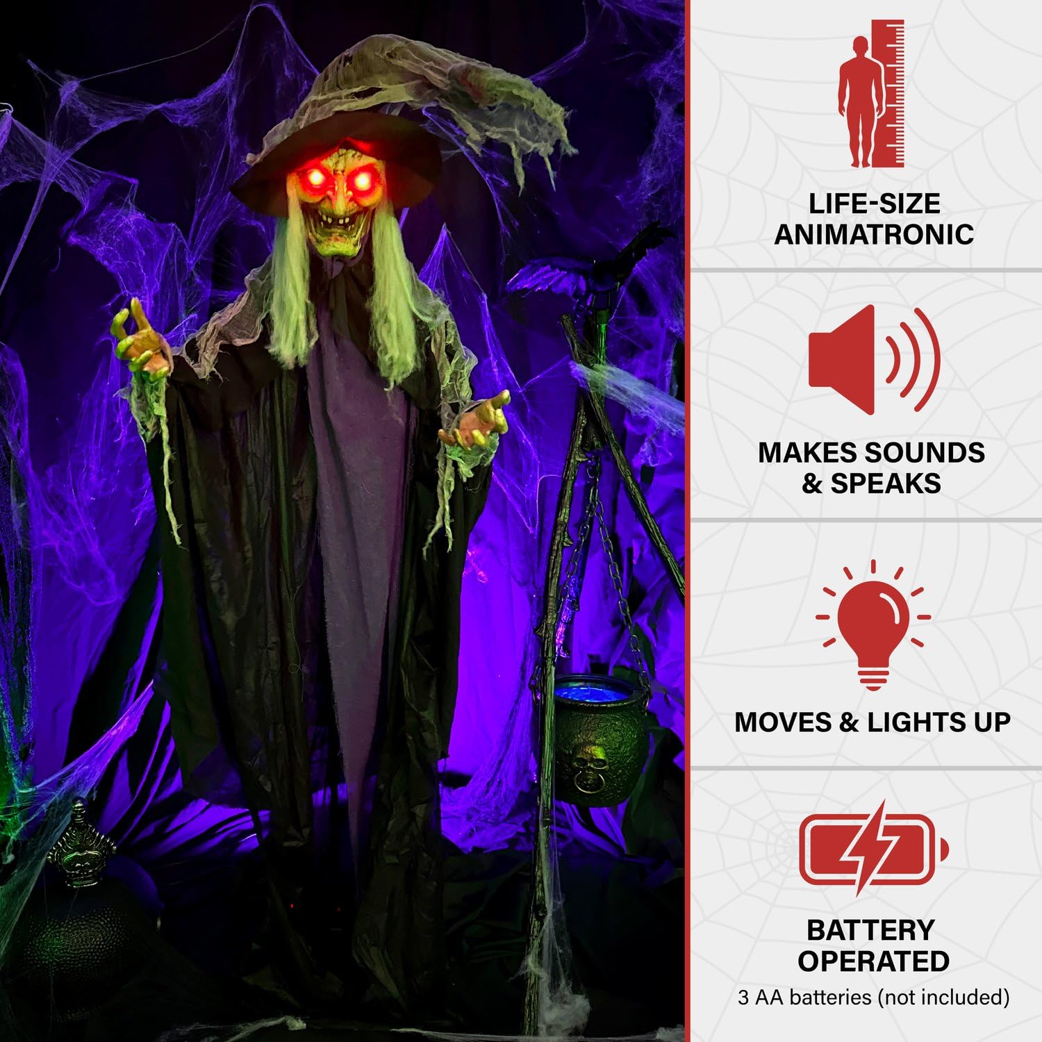 Haunted Hill Farm witch red eyes lighting demonstrates attention-grabbing effect