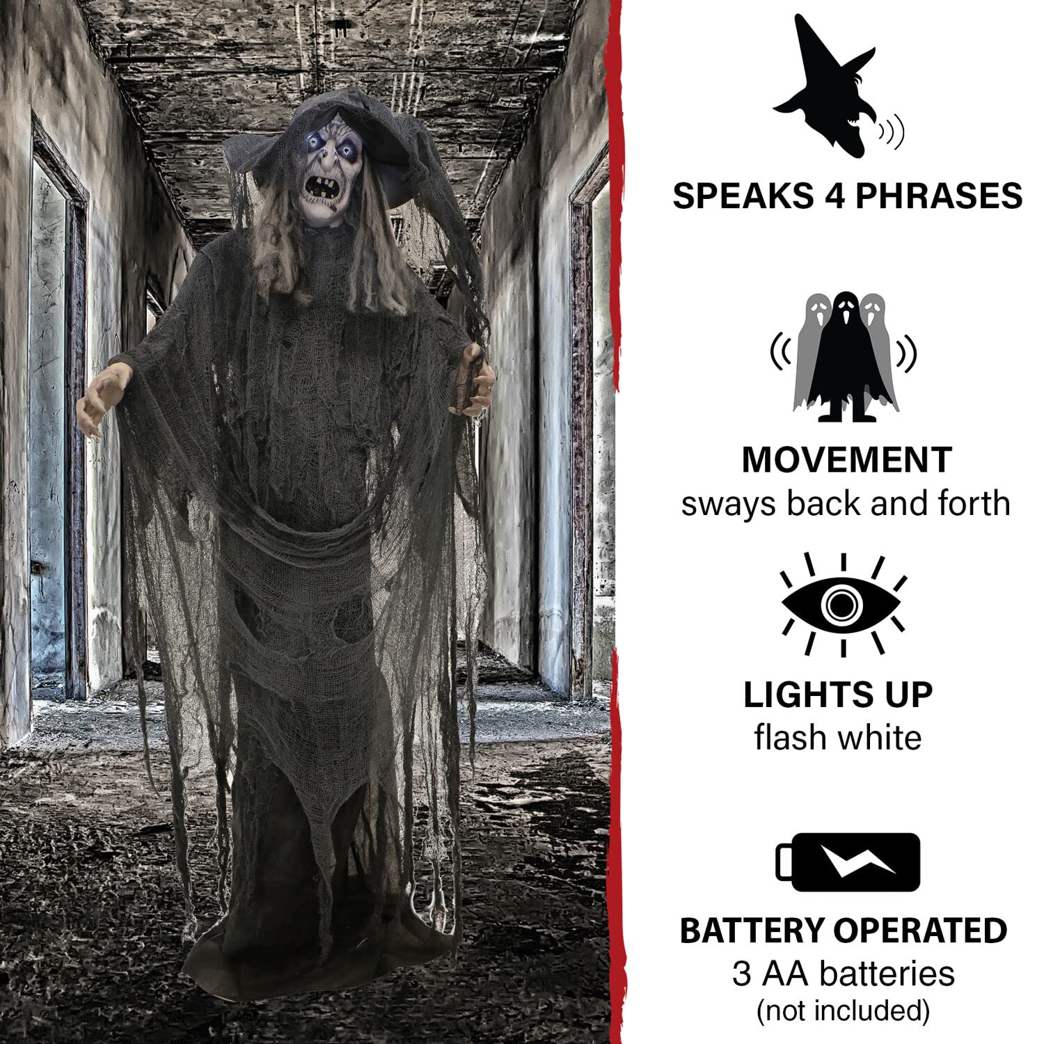 Haunted Hill Farm witch staged on porch to welcome and startle trick-or-treaters