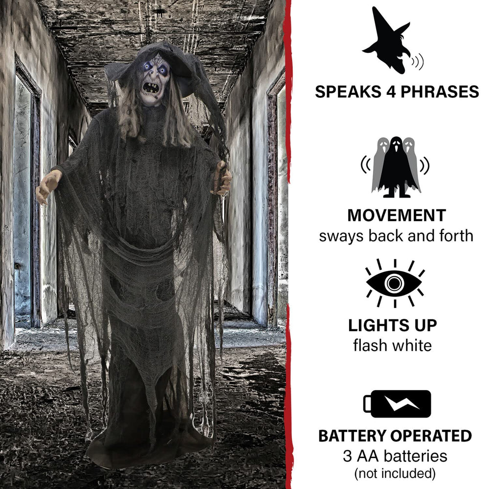 Haunted Hill Farm witch staged on porch to welcome and startle trick-or-treaters
