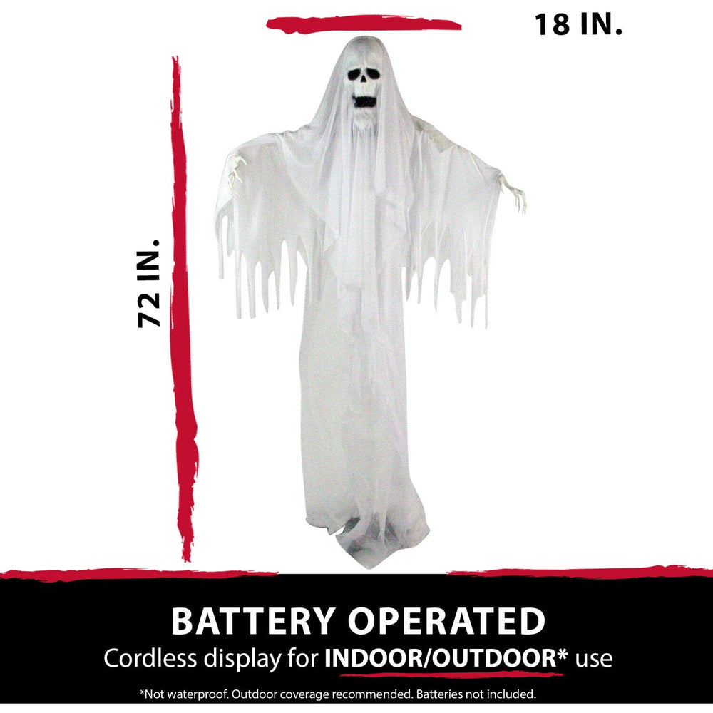 Haunted Hill Farm ghost hanging from loop overhead for a floating, eerie display