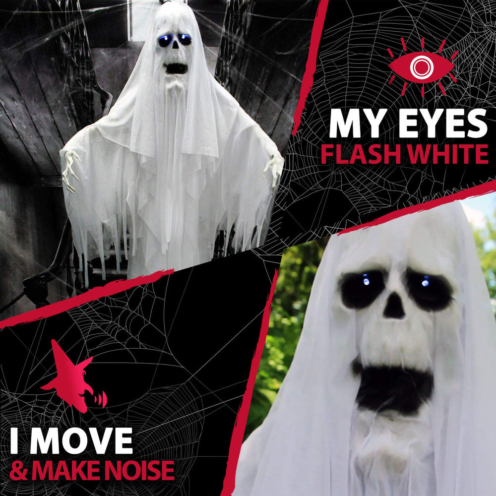 Haunted Hill Farm ghost staged on a front porch creating a startling trick-or-treater moment