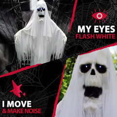 Haunted Hill Farm ghost staged on a front porch creating a startling trick-or-treater moment