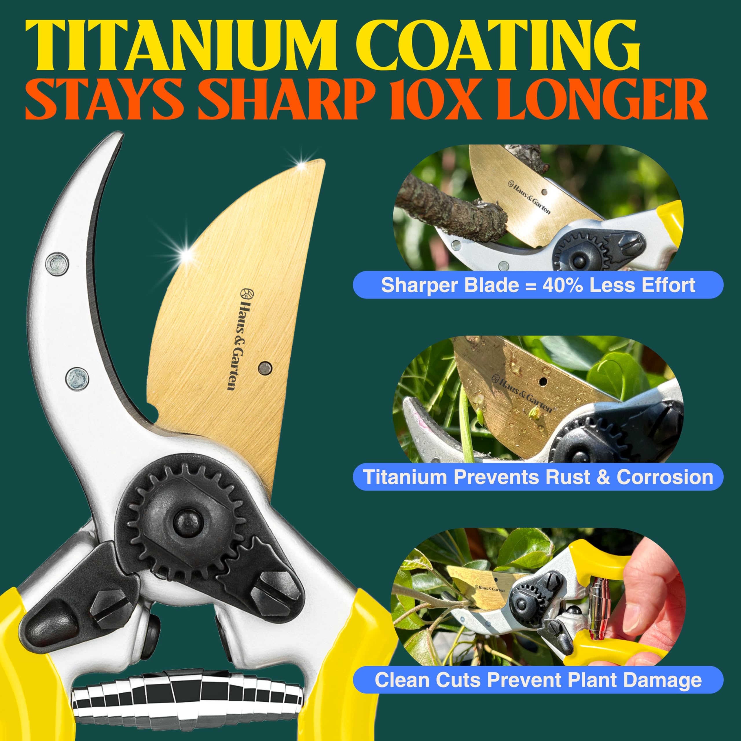 Haus & Garten titanium-coated blade close-up highlighting sharp edge and corrosion resistance