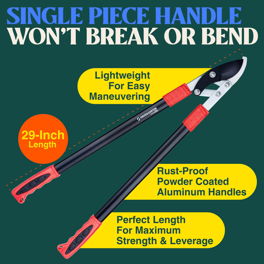 Haus & Garten loppers beside a ruler showing 29-inch length for extra reach