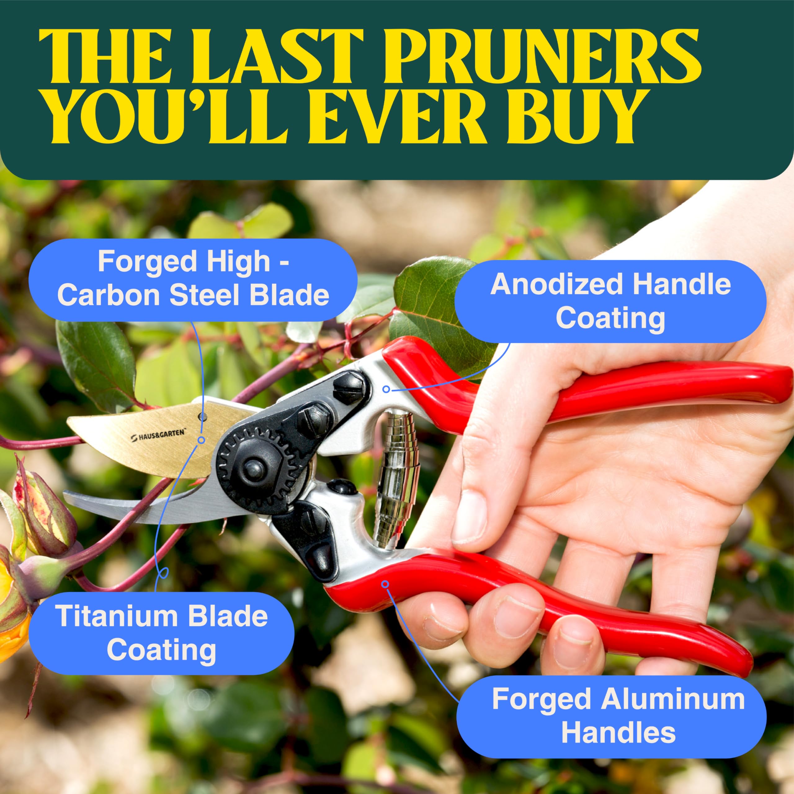 Haus & Garten PrecisionPRO cutting rose stem in garden showing clean, precise prune
