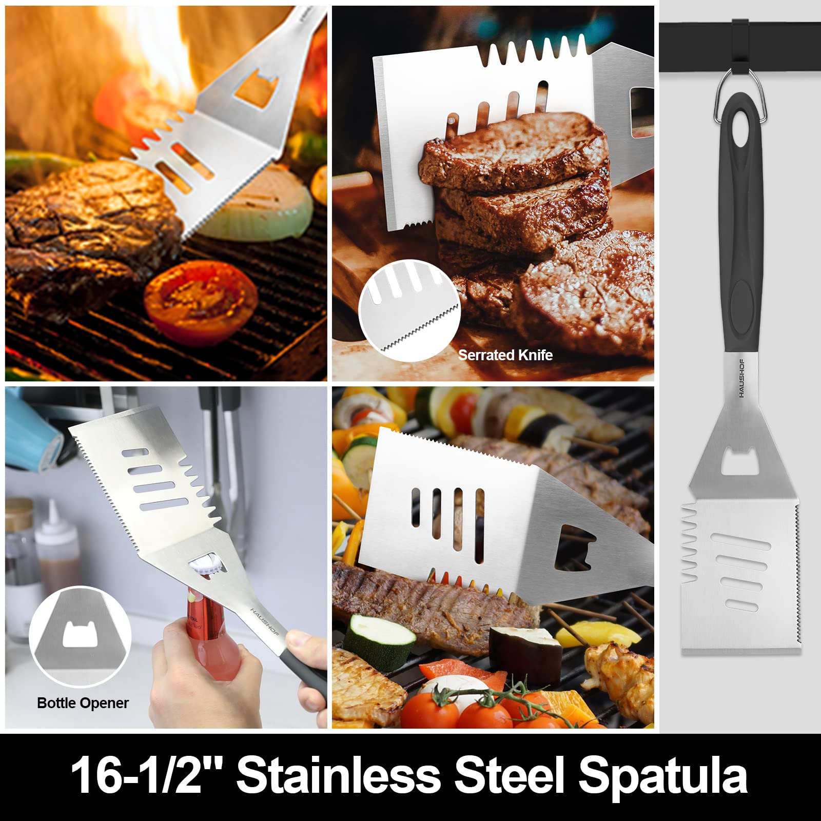 HAUSHOF close-up of four-in-one spatula serrated edge and bottle opener for versatile use