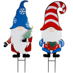 Hausse front view of both 33-inch gnome stakes showing festive design and curb appeal