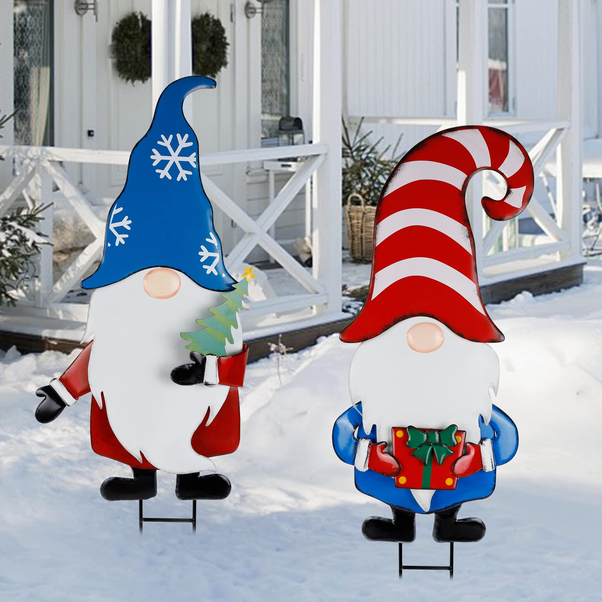 Hausse gnome stakes installed in a lawn creating holiday charm and clear walkway visibility