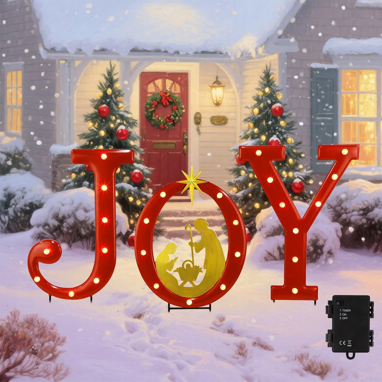 Hausse front view of JOY nativity letters showing festive yard appeal