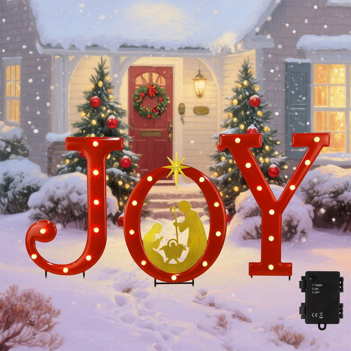 Hausse front view of JOY nativity letters showing festive yard appeal