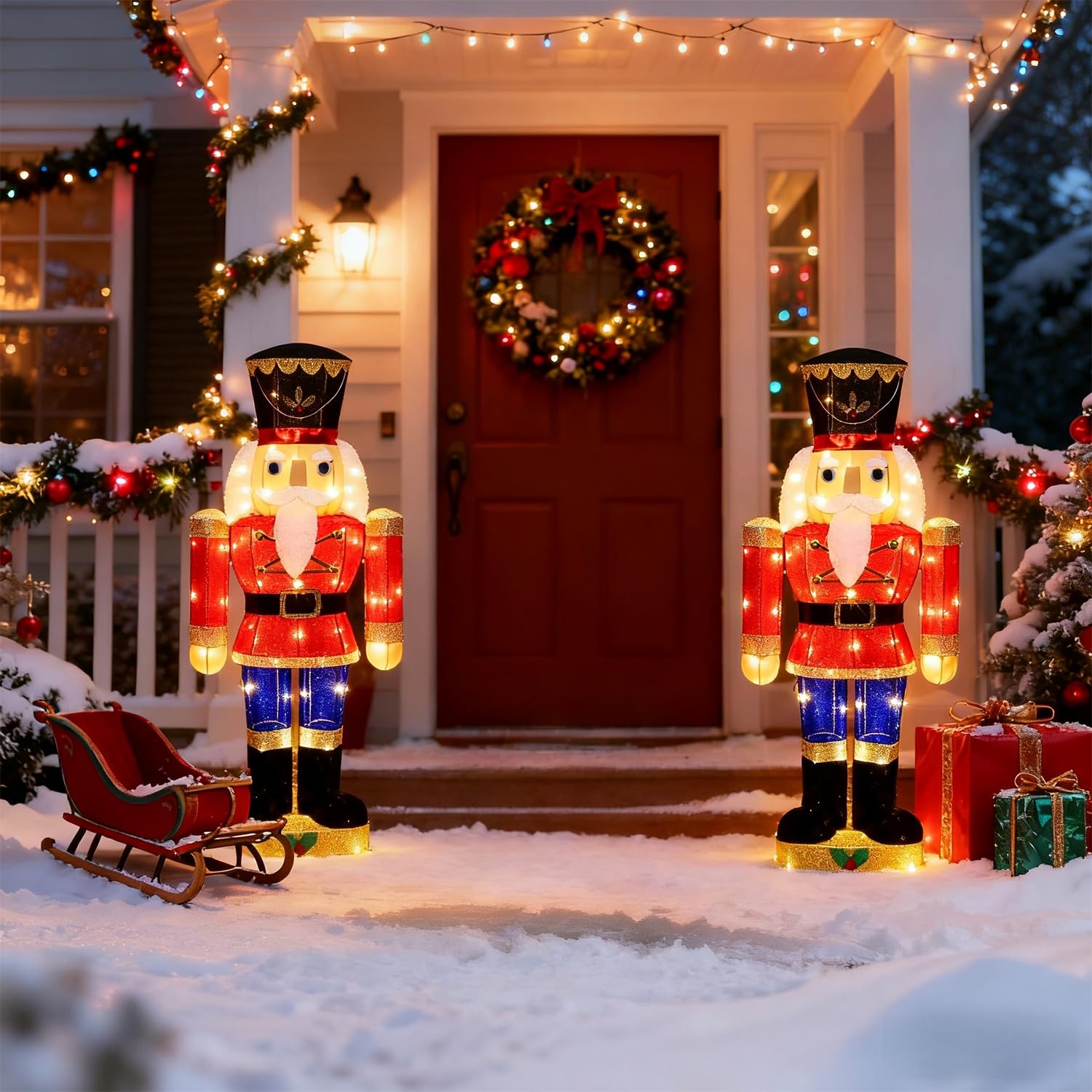 Hausse nutcracker lit at night showcasing warm LED glow for welcoming yards