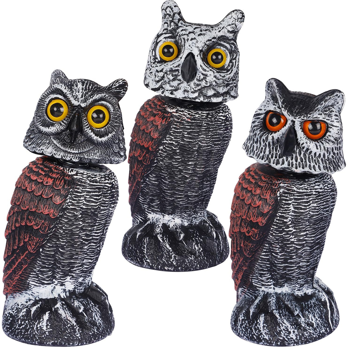 Hausse front view of owl decoy showing realistic eyes and deterrent presence