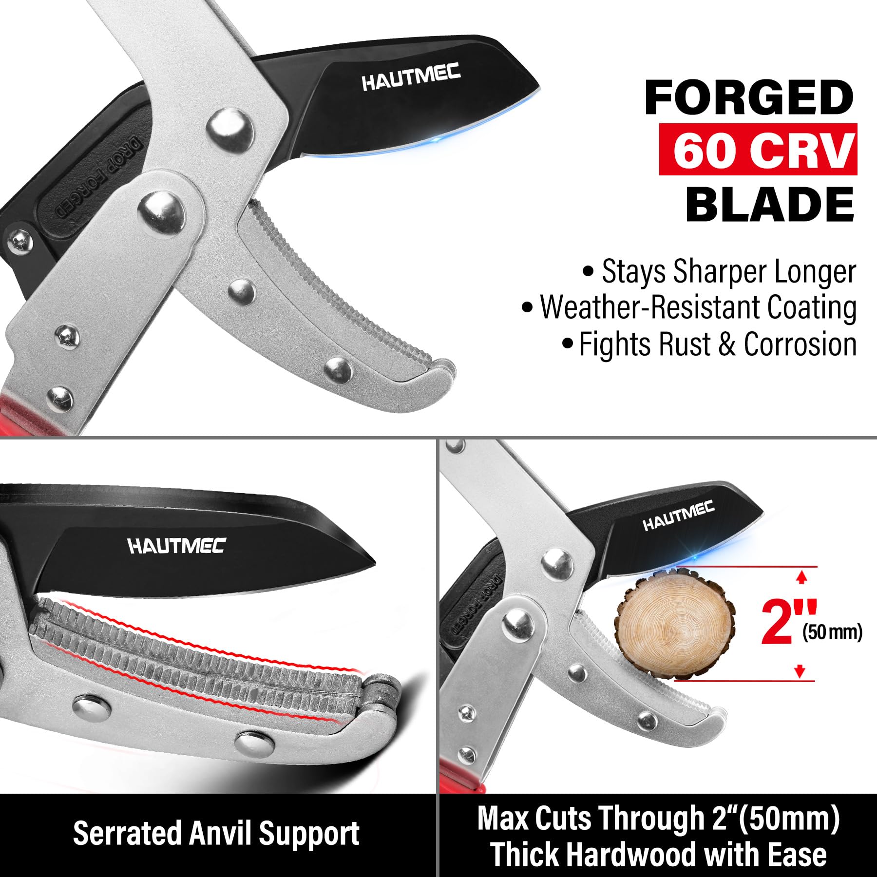HAUTMEC Cr‑V blade closeup with Teflon coating for durable, low‑friction cuts