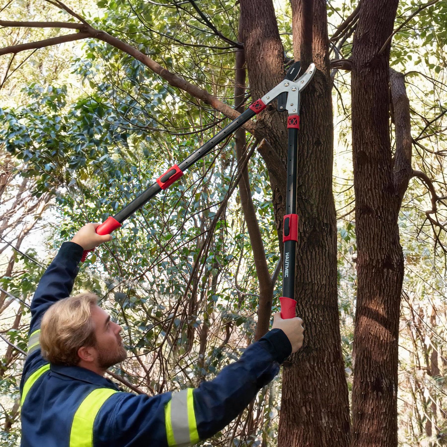 HAUTMEC loppers in use pruning a small tree demonstrating labor‑saving leverage