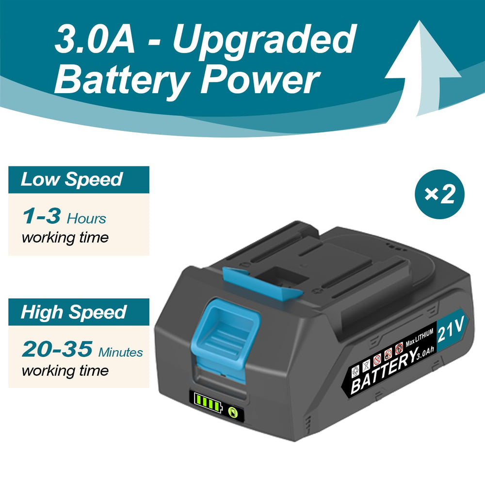 Hawfog two 3.0Ah batteries and charger highlighting longer runtime benefit