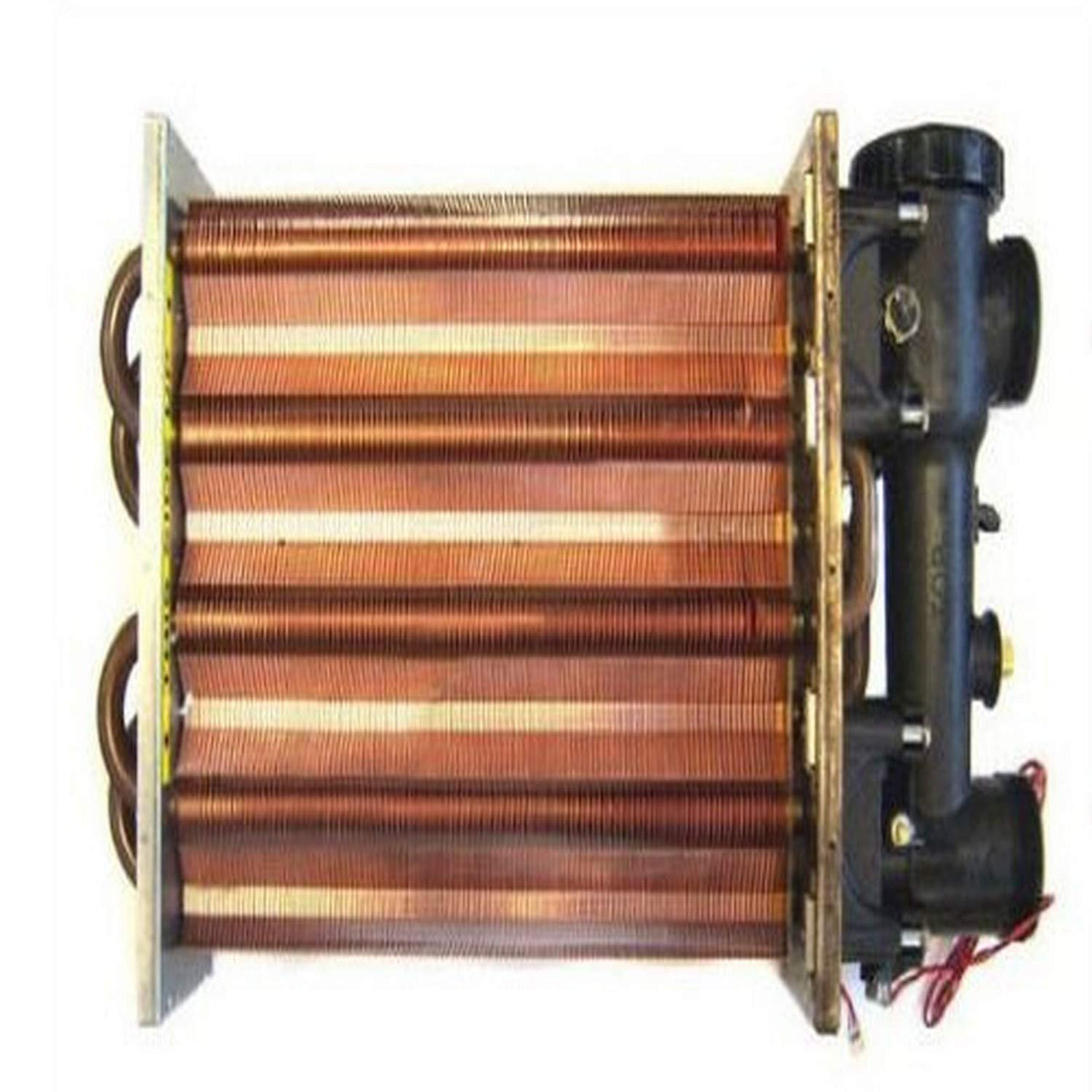Hayward heat exchanger front assembly showing unions and compact design benefit