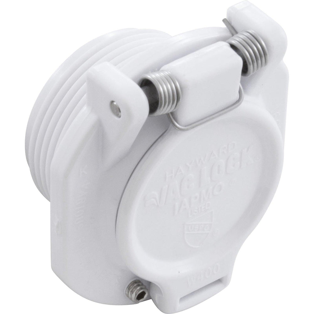 Hayward front view of white wall fitting showing secure vacuum connection and easy replacement
