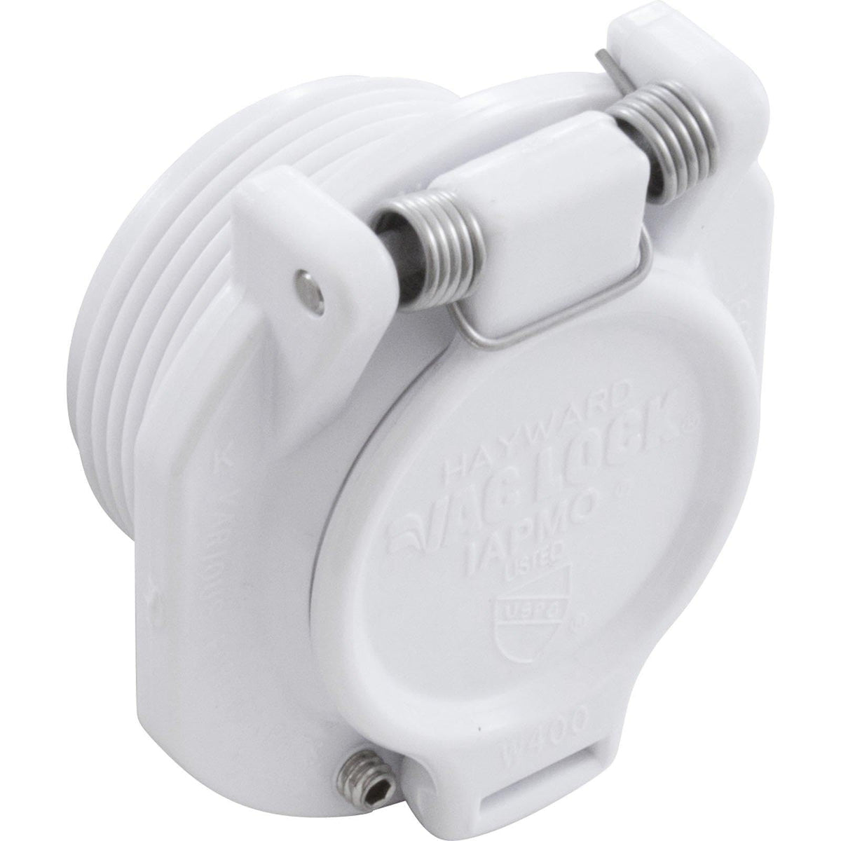 Hayward front view of white wall fitting showing secure vacuum connection and easy replacement