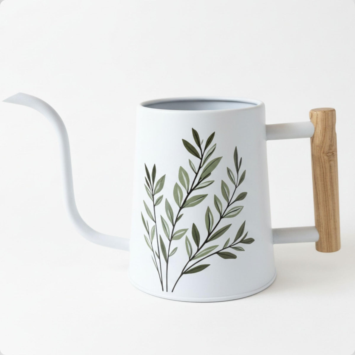 HB Design Co. front view of watering can showing shape and leaf design, attractive display