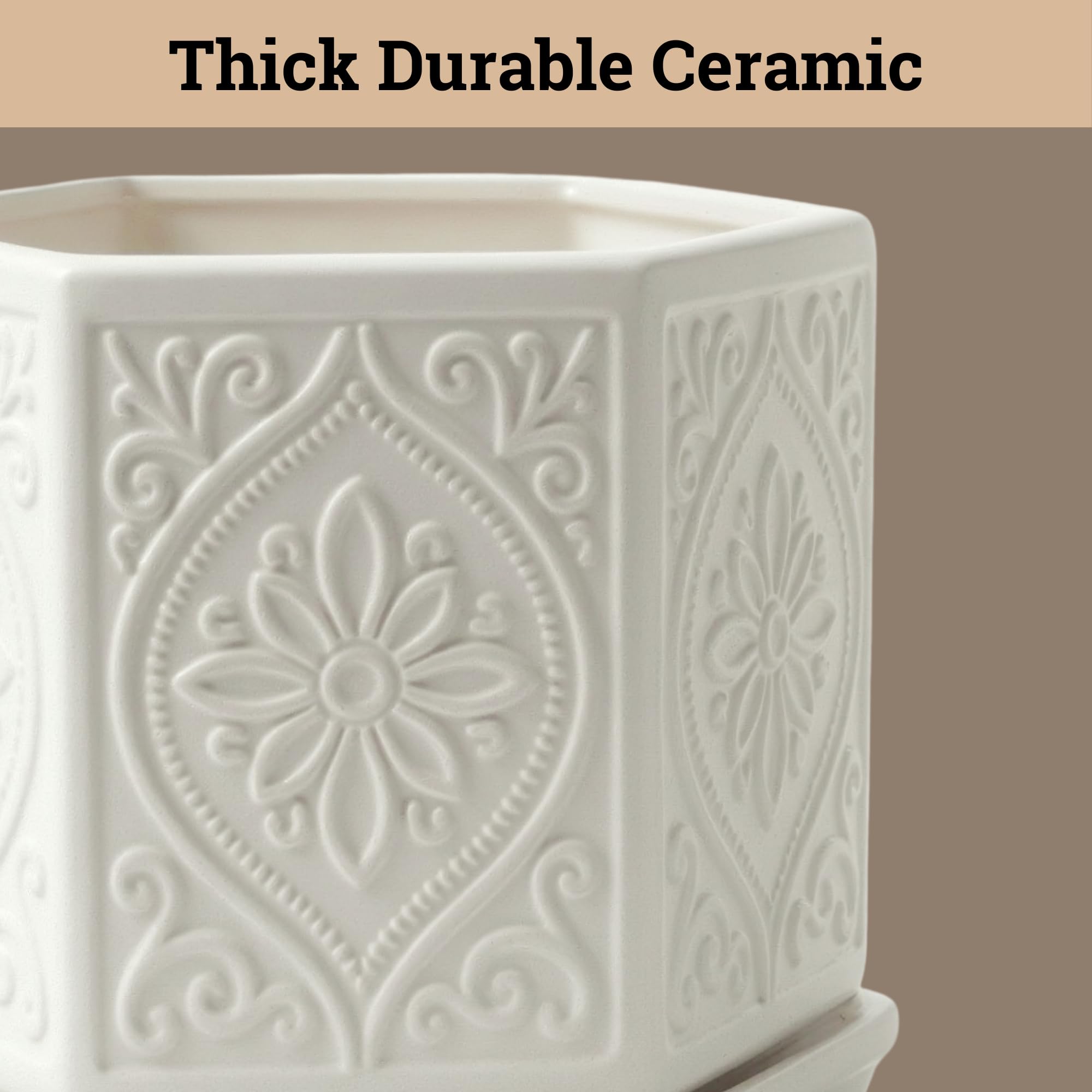HB Design Co. ceramic saucer beneath pot protecting table surfaces from moisture