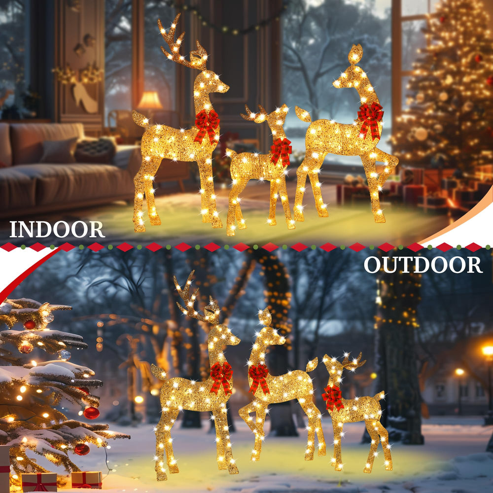 HbSpacstial reindeer arranged on lawn and rooftop for curb appeal
