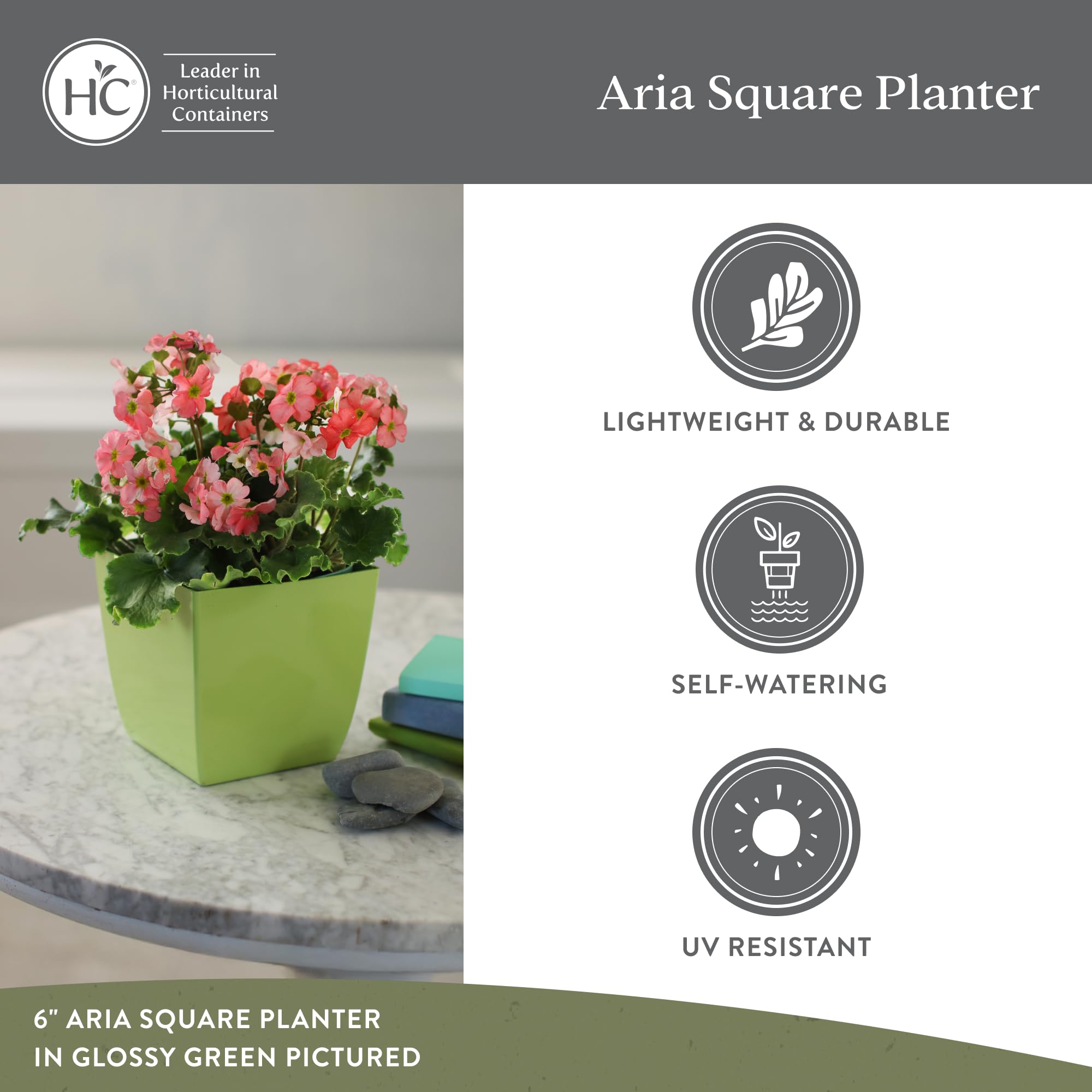 The HC Companies Aria planted on indoor shelf demonstrating clean styling and space saving