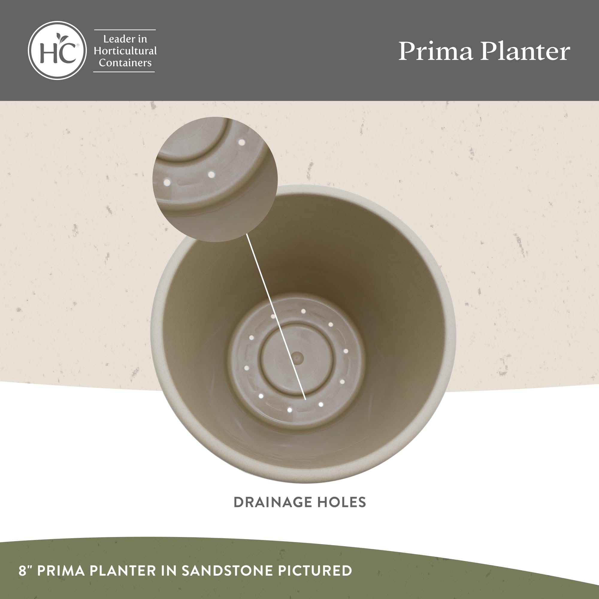 Underside view showing Prima drainage holes by The HC Companies, preventing overwatering