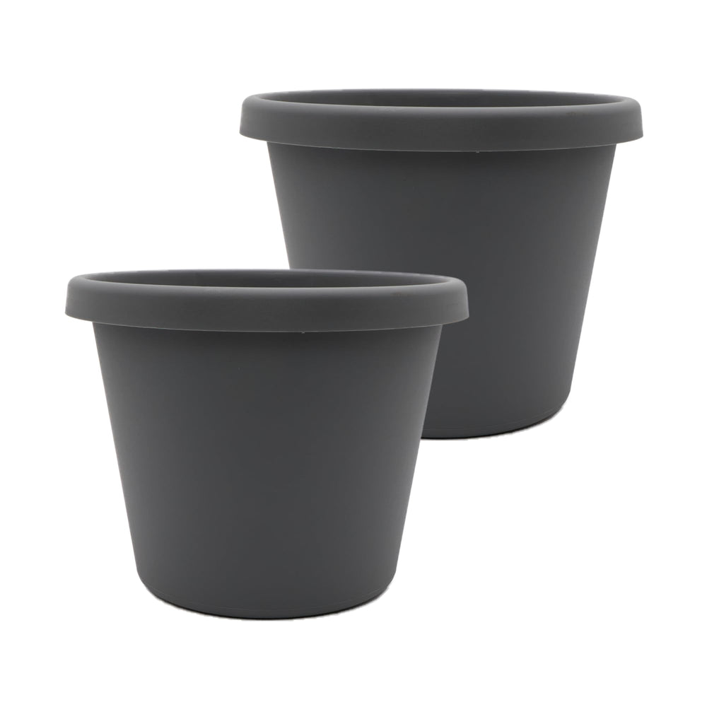 The HC Companies Prima front view showing warm gray finish and paired pots, enhancing curb appeal